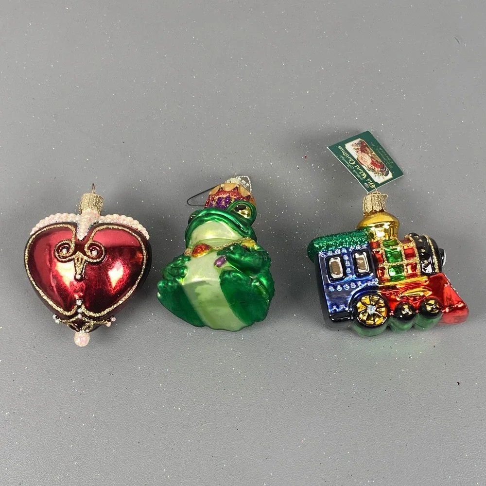 Old World Christmas Glass Ornaments Lot Frog Prince Train & Heart Glitter Set